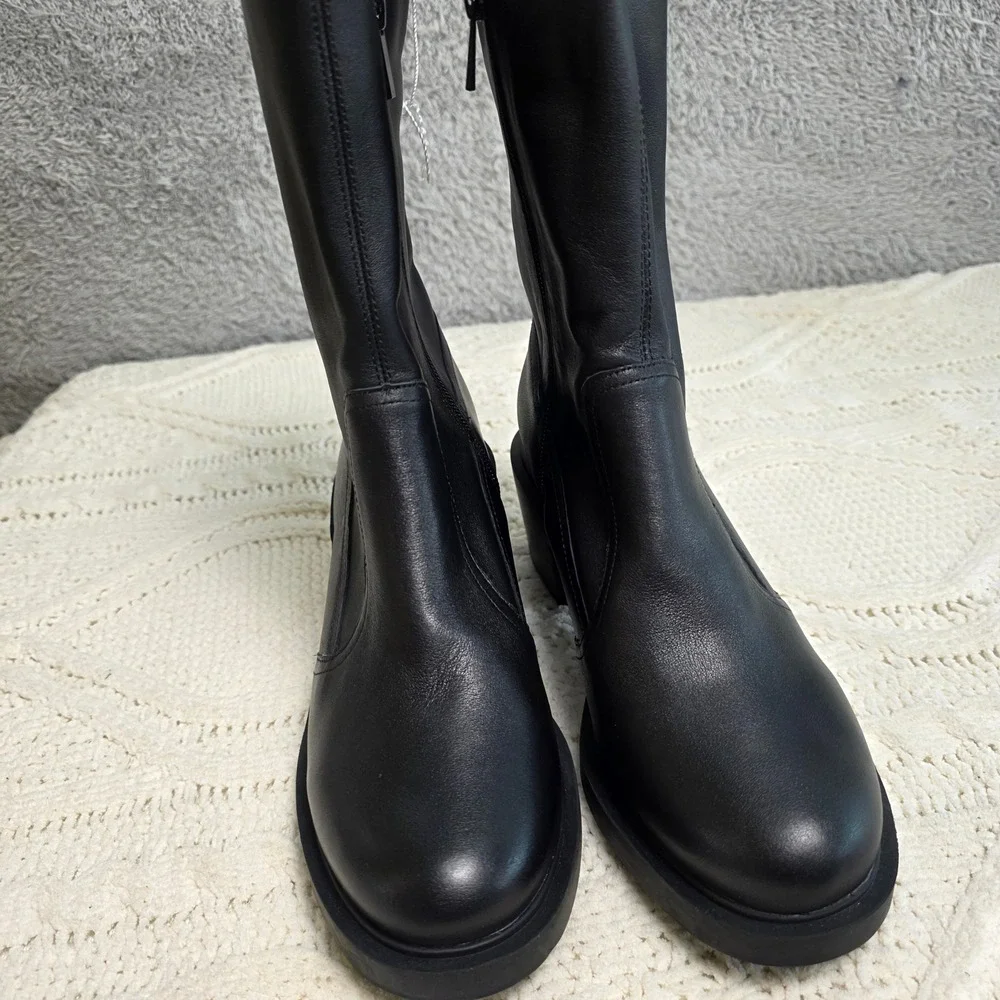 André Assous Black Soft Leather Chunky Heel High Ankle Boots Size 8M Booties NEW